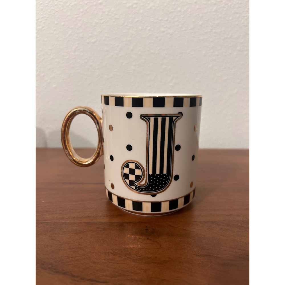 MacKenzie-Childs Monogram J Mug Black White Check Polka Dot Gold Handle
